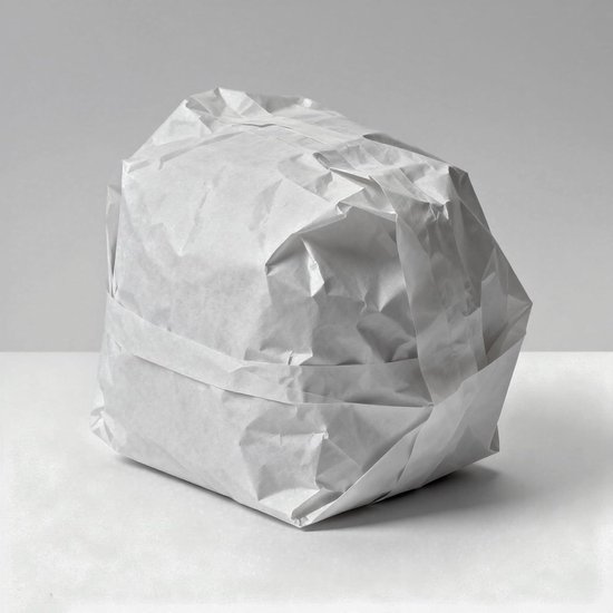 Een voorwerp verpakt in wit kreukpapier, vastgezet met een witte band.
