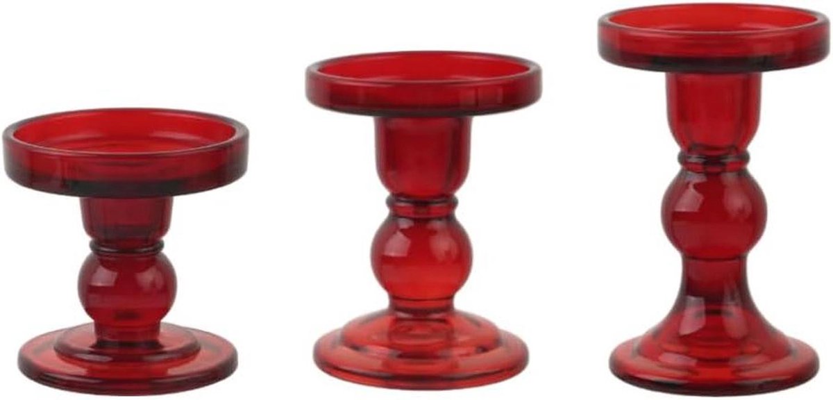 Glazen Kandelaars - Set Kaarshouders - Sfeerverlichting Creëren - Superieure Glas Kwaliteit - 3-delige Set - Rood
