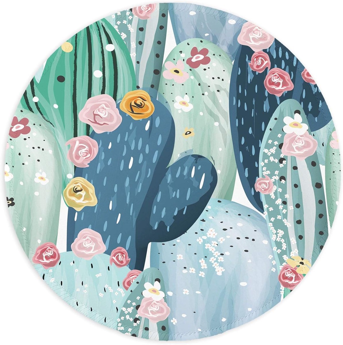 Ronde Muismat met Gestikte Rand, Waterdicht en Antislip, Schattig Cactus Bloem Ontwerp voor Laptop en Computer, Desk Accessories, Ideaal voor Kantoor en Thuisgebruik