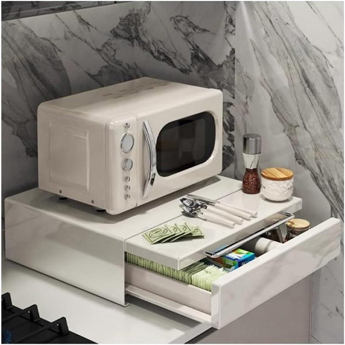 Microgolfoven Rek - Aanrecht Plank - Keuken Organisatie - Met Lade - 45 cm Breed - Wit