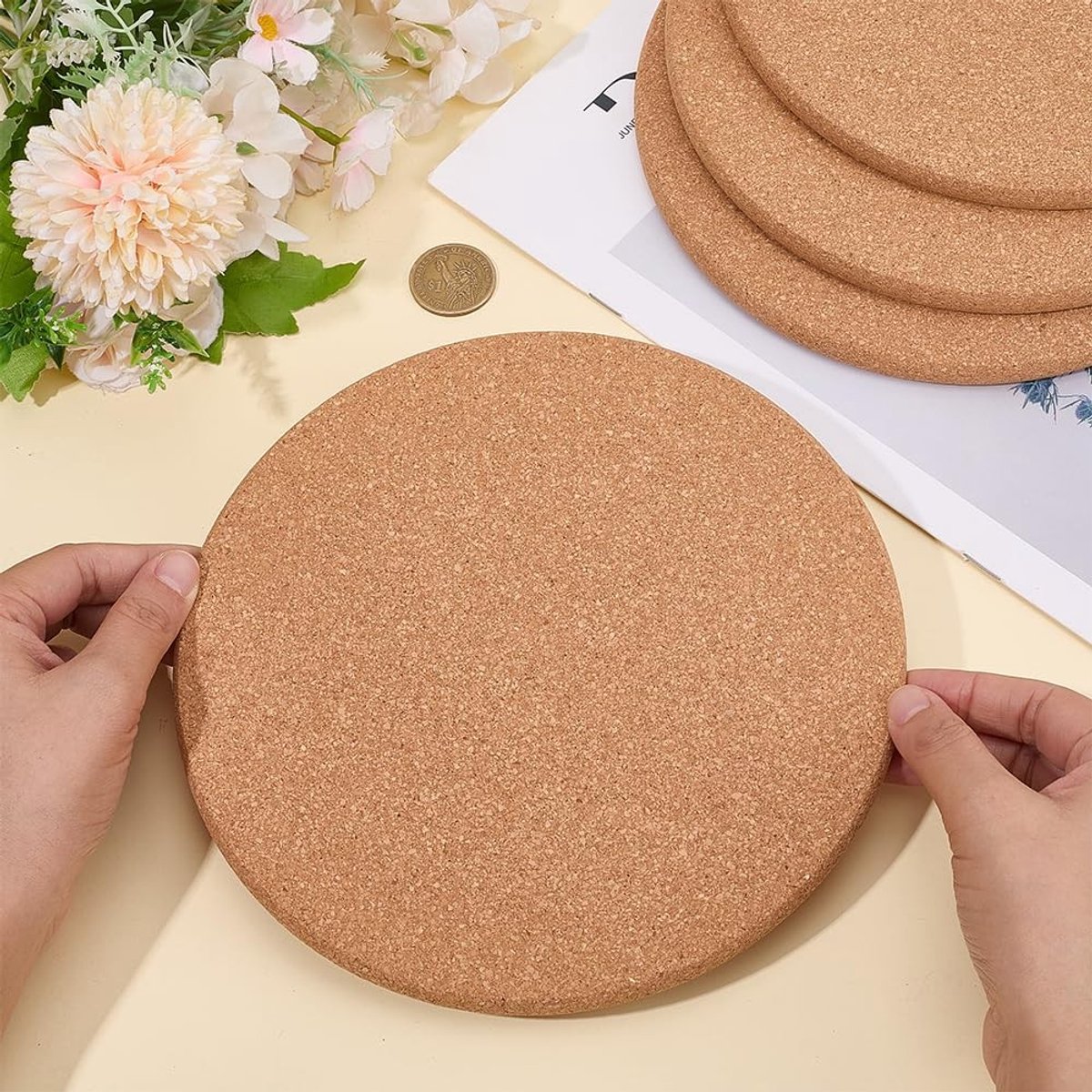 Dailygoods - Set van 4 Ronde Kurken Onderzetters, 20 cm
