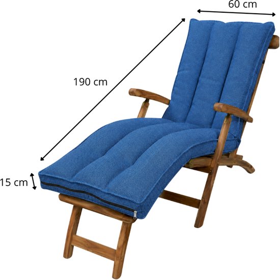 Gedetailleerde afbeelding van een blauw gestreept ligbedkussen op een houten ligstoel met afmetingen.