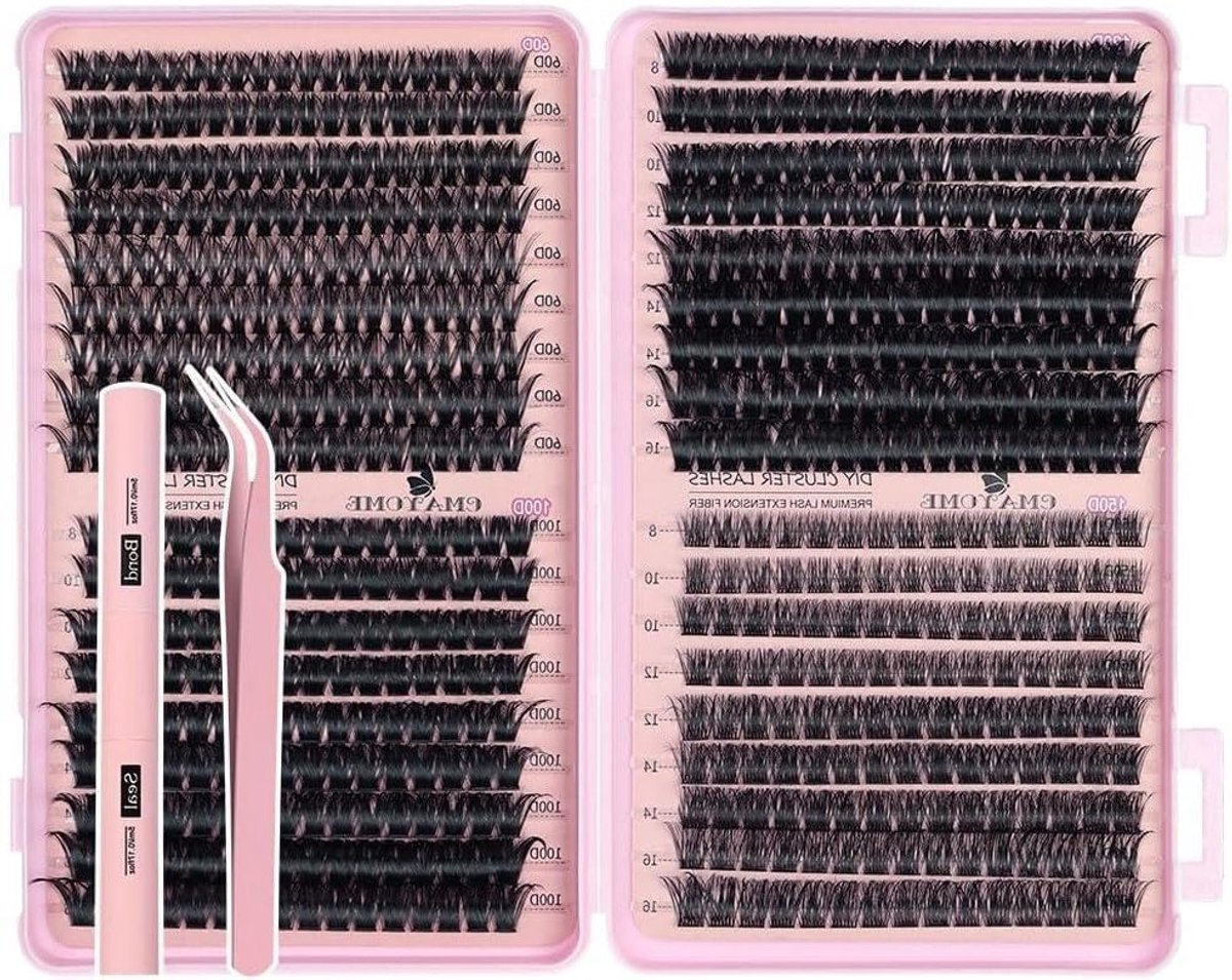 Eyelash Extension Set met 722 Stukken, DIY Cluster Wimpers, 8 - 16 mm Lengte Mix, Natuurlijke Look, Kat Oog Effect, Inclusief Lijm en Tangen