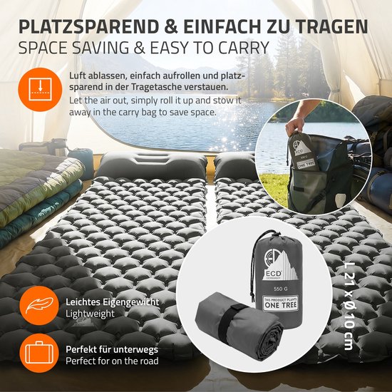Campingmat, opblaasbare campingmat, grijs, outdoor luchtmatras met geïntegreerd kussen, ultralicht, compact & opvouwbaar — afbeelding 4