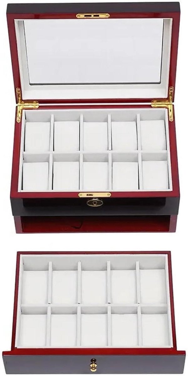 Horlogekast met lade - Sieraden organizer - Stijlvol opbergen - 20 vakken - 29x21x16cm - Zwart