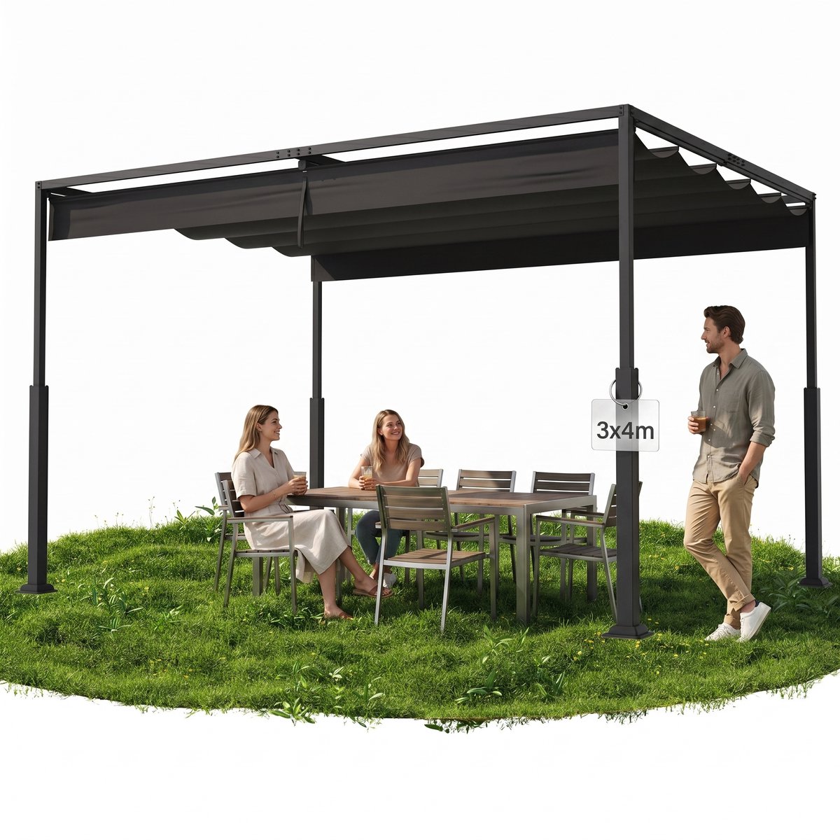 Froadp 3x4M Pergola met Schuifdak Tuinpaviljoen Waterdicht & Wintervast Vrijstaande Terrasoverkapping Zonwering - Zwart