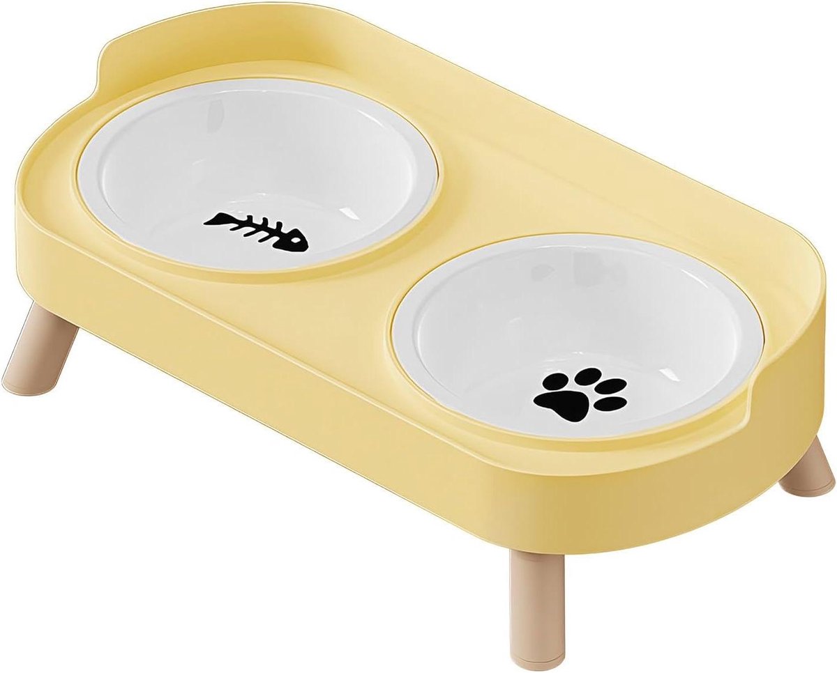 Voerbak Set - Huisdier Accessoire - Comfortabel Eten - Verhoogd Ontwerp - 38x21x10 cm - Geel