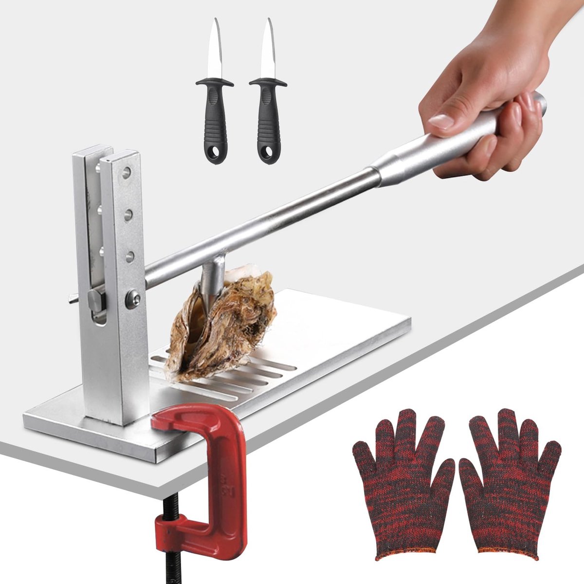 aladdien - Oesteropener - Oester Shucker Machine - Antislip Voetpad - Opener Tool - Geschikt voor Zeevruchten - Inclusief Messen en Handschoenen
