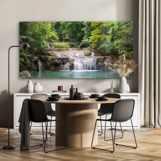Peinture sur verre - Arbres verts le long de la rivière au-dessus d'une cascade dans le parc national d'Erawan - 160x80 cm - Peintures sur verre acrylique - Photo sur Glas