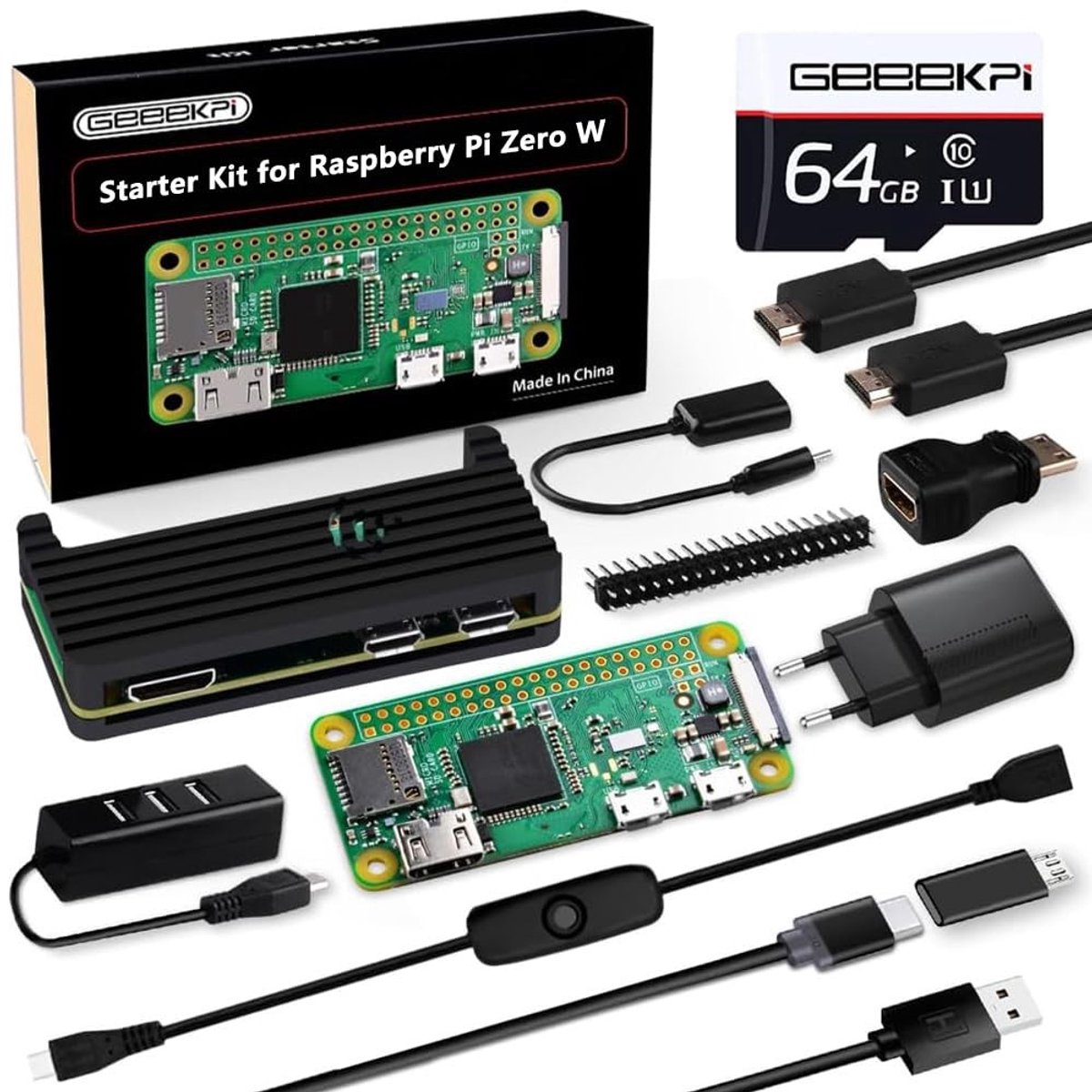 aladdien - Raspberry Pi Zero W Starter Kit - All-in-One Set - Inclusief Aluminium Behuizing - 64GB SD-kaart - Draadloze Connectiviteit - Geschikt vo..