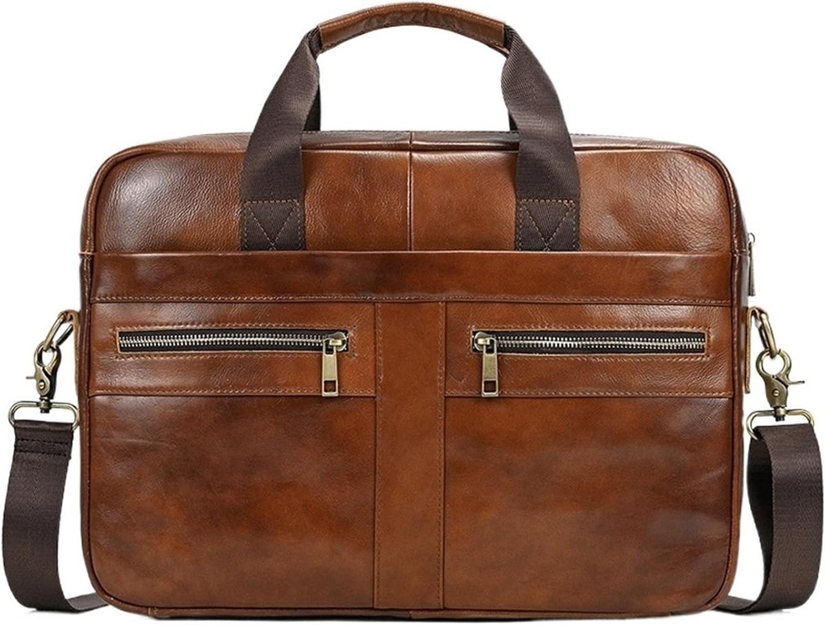 Laptoptas Heren - Schoudertas Leer - Zakelijk Gebruik - Echt Leer - 14 Inch - Bruin