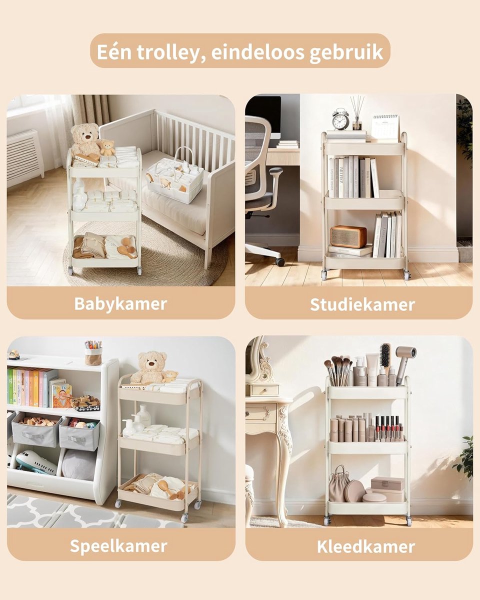 Opbergwagen Babykamer - Nachtkastje Organizer - Baby Spullen Opslag - Verrijdbaar en Verwijderbaar - 3 Lagen - Bruin – foto 6
