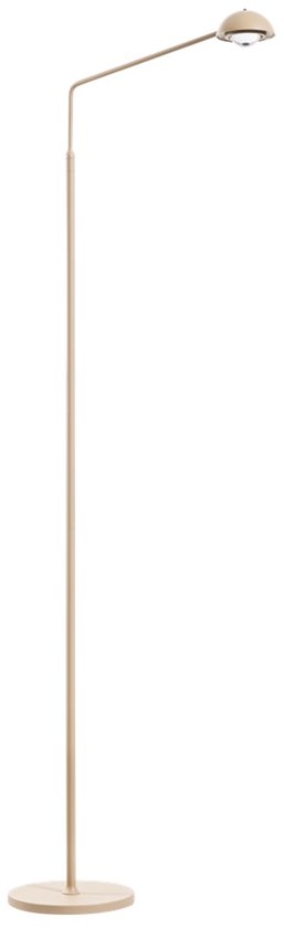 Zandkleurige staande lamp met een dunne, gebogen arm en een ronde kap. Touch dimmer met Dim to Warm functie.