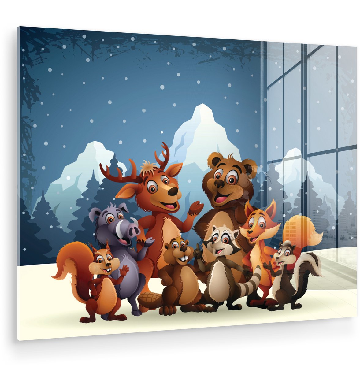 ® Glasschilderij 120x90 cm - Schilderij acrylglas - Illustratie - Sneeuw - Wilde dieren - Meiden - Jongens - Baby - Foto op glas - Muurdecoratie woonkamer - Wanddecoratie slaapkamer - Schilderijen