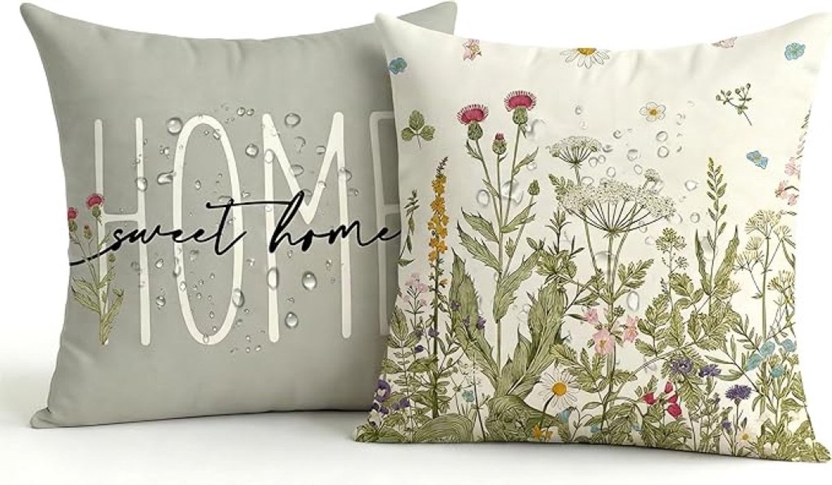 Set van 2 waterdichte outdoor kussenhoezen, 45 x 45 cm, grijs met groen plantendesign