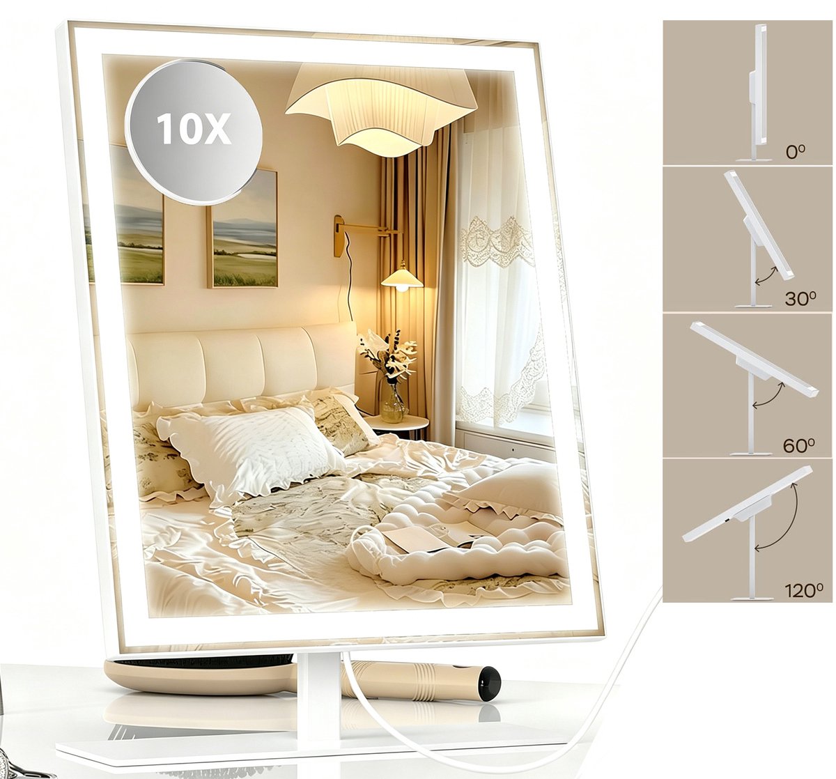 ANTENLICHT Make Up Spiegel Met Verlichting - 34x25CM - 10x Vergroting - Dimbare Make-upspiegel - Scheerspiegel - LED Verlichting - USB-COplaadbaar - Draaibaar - Wit