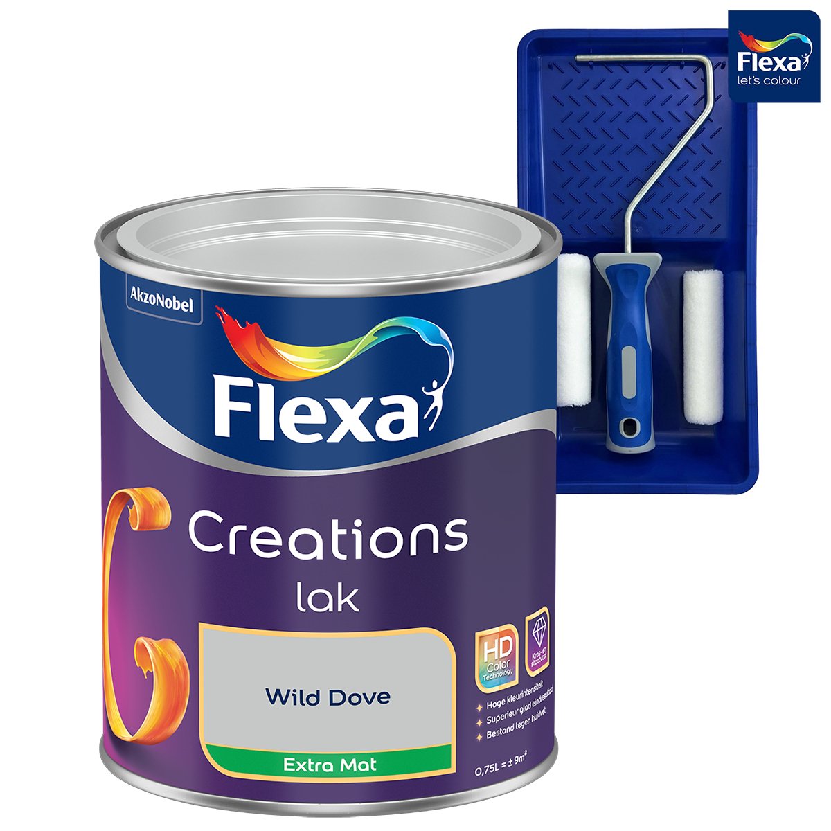 Voordeelpakket Flexa Creations - Lak Extra Mat - Wild Dove - 750 ML + Lakroller - 4 Delig