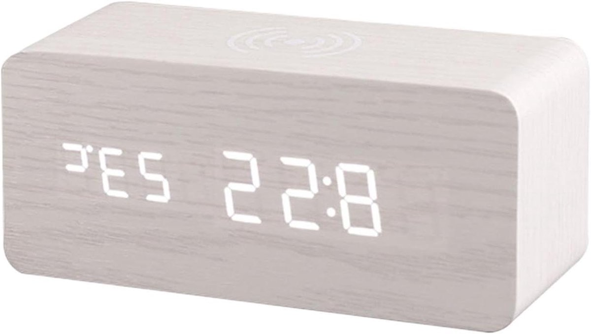 Digitale Houten Wekker - LED Display Klok - Wakker Worden - 10W Draadloos Laden - 9x9 cm - Wit