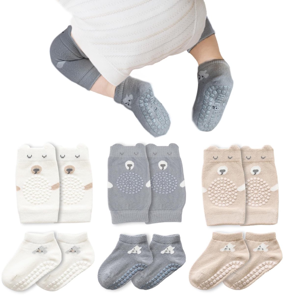 ONF3 - Kniebeschermers Baby - Antislip Kruipsokken - 3 Paar - Comfortabel en Stijlvol - Voor Jongens en Meisjes - Geschikt voor 6-12 Maanden