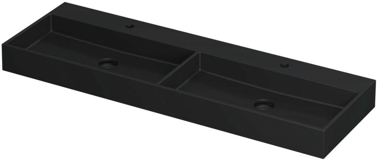 INK United Wastafel Porselein Dubbel met 2 Kraangaten incl. Porseleinen Click Plug en Verborgen Overloop Systeem - 1400x450x110 mm - Mat Zwart