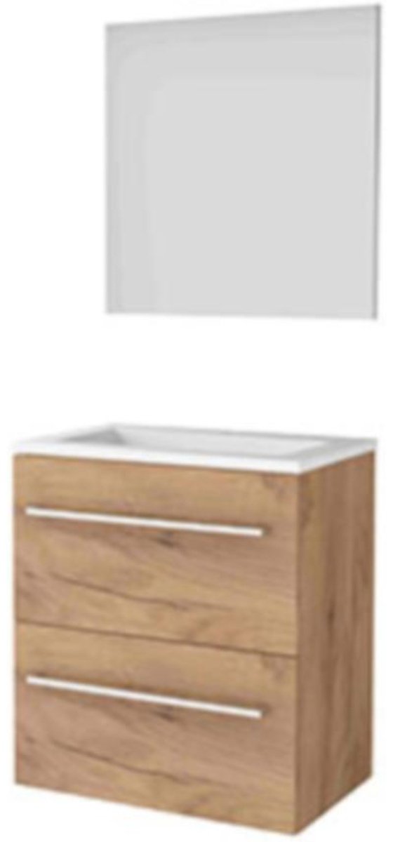 Basic-Line Basic 39 Badkamermeubelset - Ondiep - 60 x 39 cm - Met Grepen - 2 Lades - Acryl Wastafel - 1 Kraangat - Spiegel - Whisky Oak
