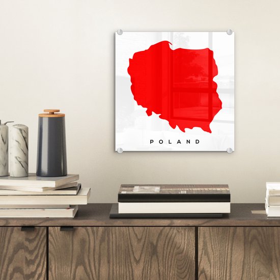 ® Glasschilderij 20x20 cm - Schilderij acrylglas - Illustratie van Polen in het rood - Foto op glas - Muurdecoratie woonkamer - Wanddecoratie slaapkamer - Schilderijen