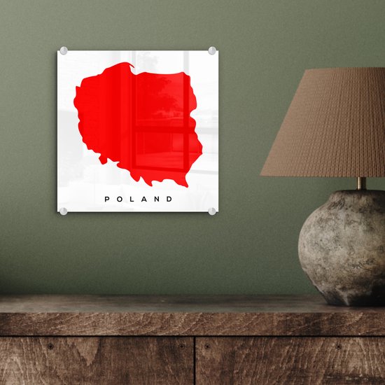 ® Glasschilderij 20x20 cm - Schilderij acrylglas - Illustratie van Polen in het rood - Foto op glas - Muurdecoratie woonkamer - Wanddecoratie slaapkamer - Schilderijen