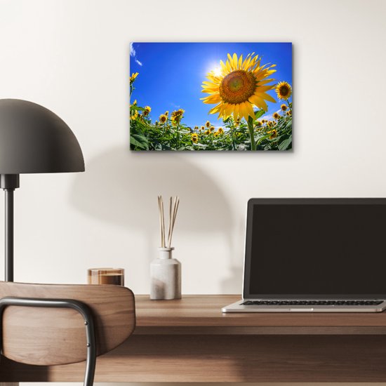 Aluminium schilderij 30x20 cm - Wanddecoratie metaal - Zonnebloemveld vanaf beneden gezien - Metalen muurdecoratie woonkamer - Decoratie industrieel - Foto op dibond - Industriële accessoires slaapkamer