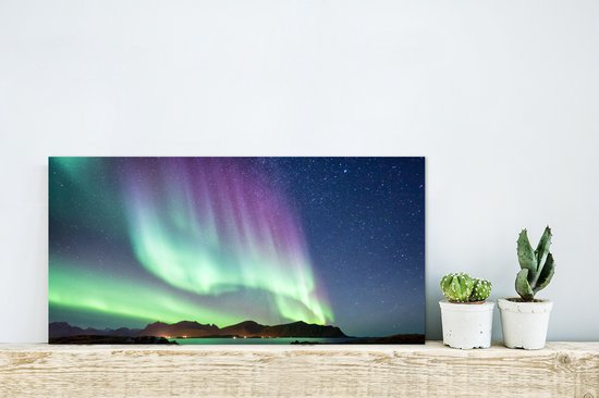Décoration murale Métal - Peinture Aluminium Industriel - Aurores Boréales - Vert - Violet - Ciel étoilé - Lac - Berg - 40x20 cm - Dibond - Photo sur aluminium - Décoration murale industrielle - Pour le salon / chambre