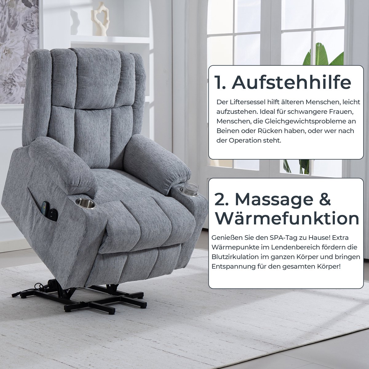 MIVRAY Sta-op Stoel - Elektrische Relaxfauteuil Met Massage En Warmte - Voor Senioren En Woonkamer - Fluweel Lichtgrijs – foto 3