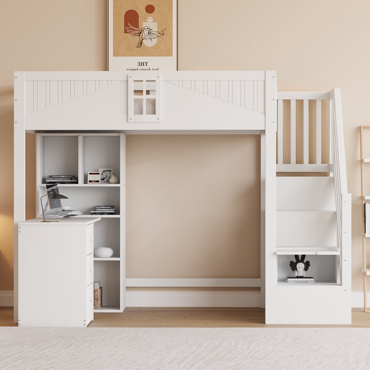 VVBV Massief Houten Hoogslaper 90x200 cm met Bureau, Kasten & Lades - Veilige Opbergtrap Links/Rechts, Wit