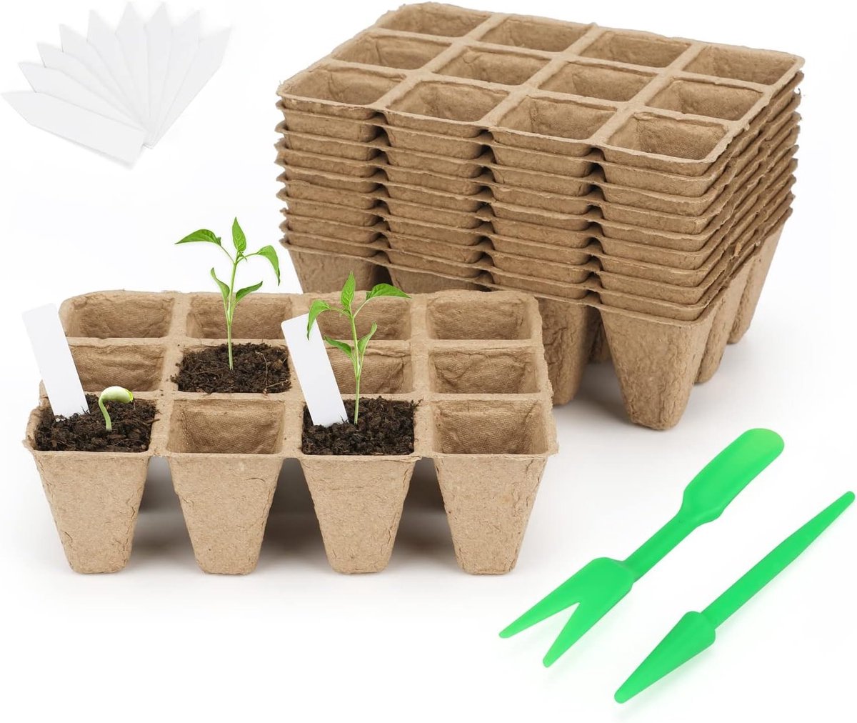 10 Stuks Biologisch Afbreekbare Zaaitrays met 120 Cellen, Plantpotjes voor Zaadkieming en Transplantatie met 100 Plantlabels en Dibbler