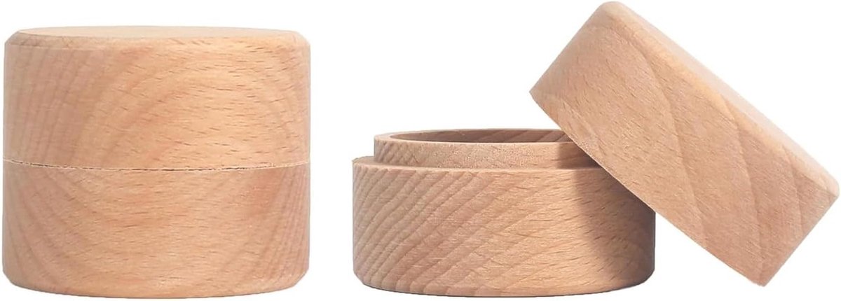 Set van 2 Mini Ronde Houten Dozen voor Sieradenopslag, Ringhouder en Trouwringen, Ideaal voor Huwelijksvoorstellen (5 x 4.2cm)