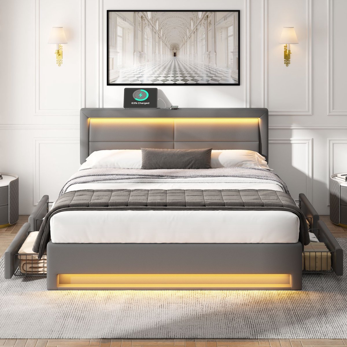 VVBV Gestoffeerd Bed 140x190 cm met LED Verlichting, 4 Lades & USB-Oplaadstation (Draadloos + Kabel) - Grijs Kunstleer