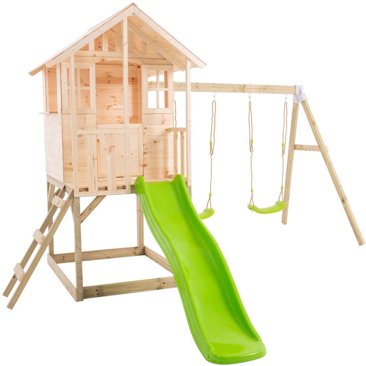 Houten boomhut op palen van FSC®-hout met platform, glijbaan en twee schommels BASILIC