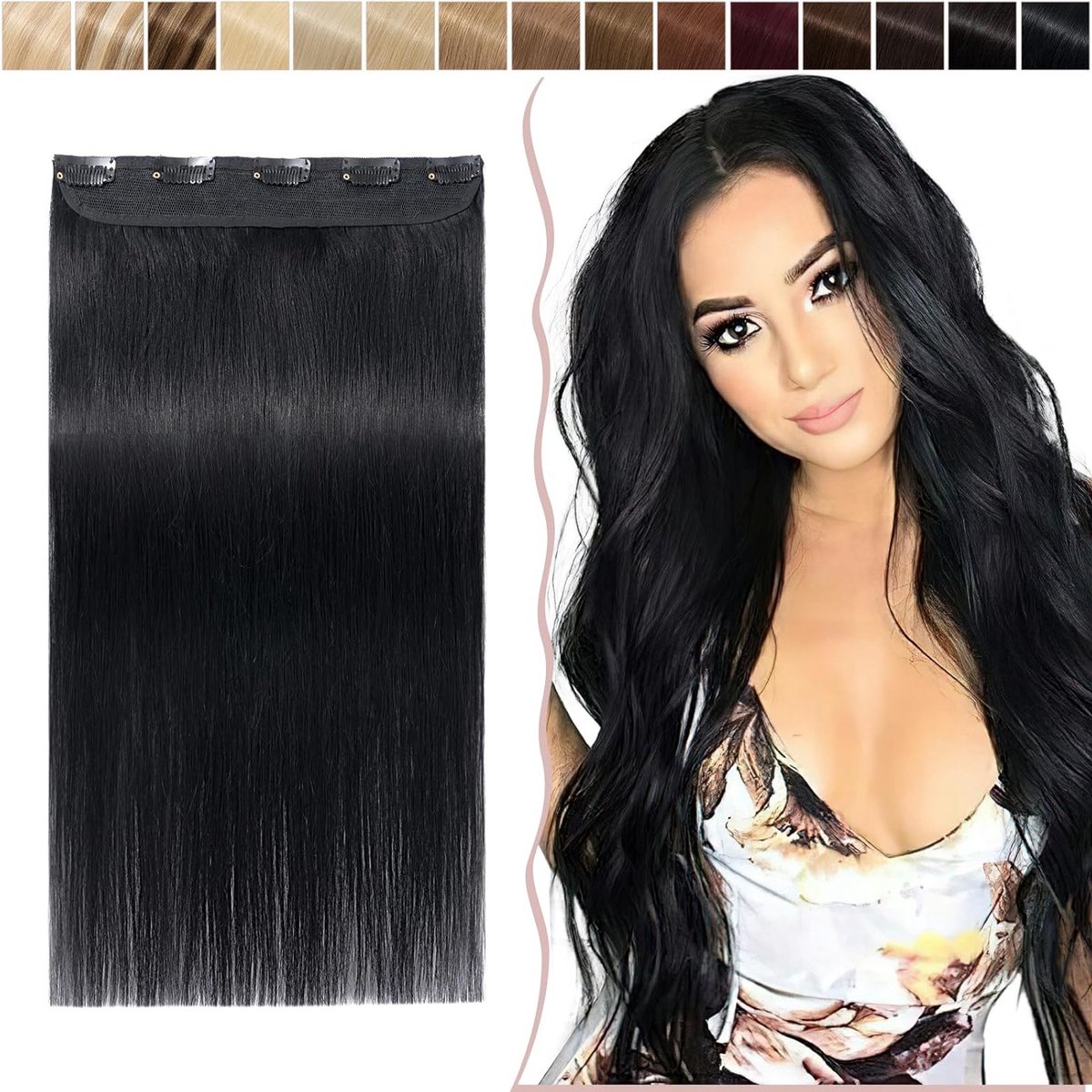 Clip-In Echte Haar Extensions, 1 Vlecht, Remy 7A, 5 Clips, Haarstuk, 100% Menselijk Haar, Steil, 45 cm (50 g), Zwart #1-1, Haarverlenging, Natuurlijke Look, Gemakkelijk te Gebruiken