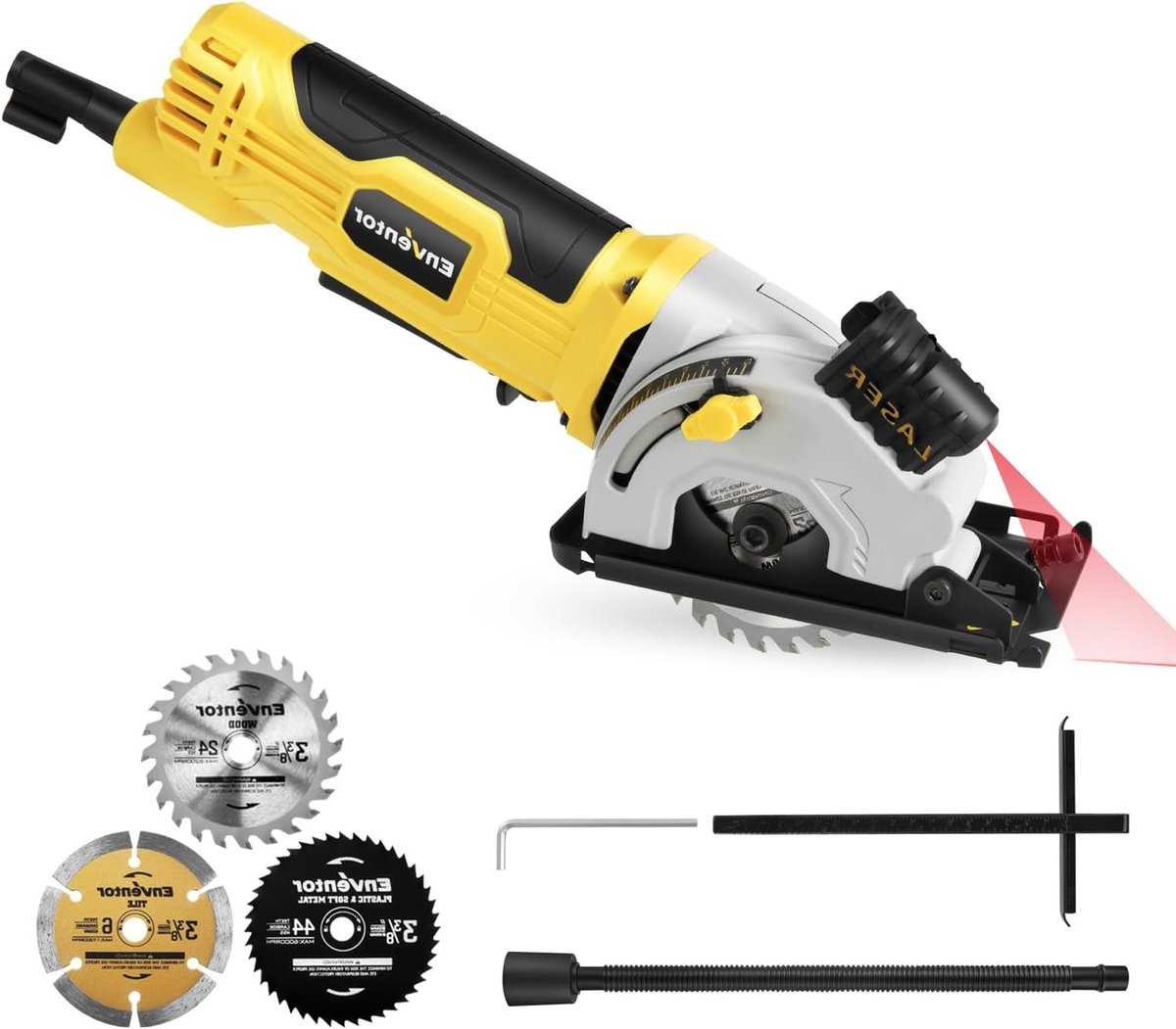 Krachtige Mini Cirkelzaag 580W met Lasergeleider en Schaalregelaar, Ideaal voor Hout, Tegels, Kunststof en Dunne Metalen, 4000rpm, Inclusief 3 Zaagbladen