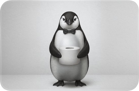 Pinguïn met strikje houdt een wc-rol vast, met zachte pluizige vacht.