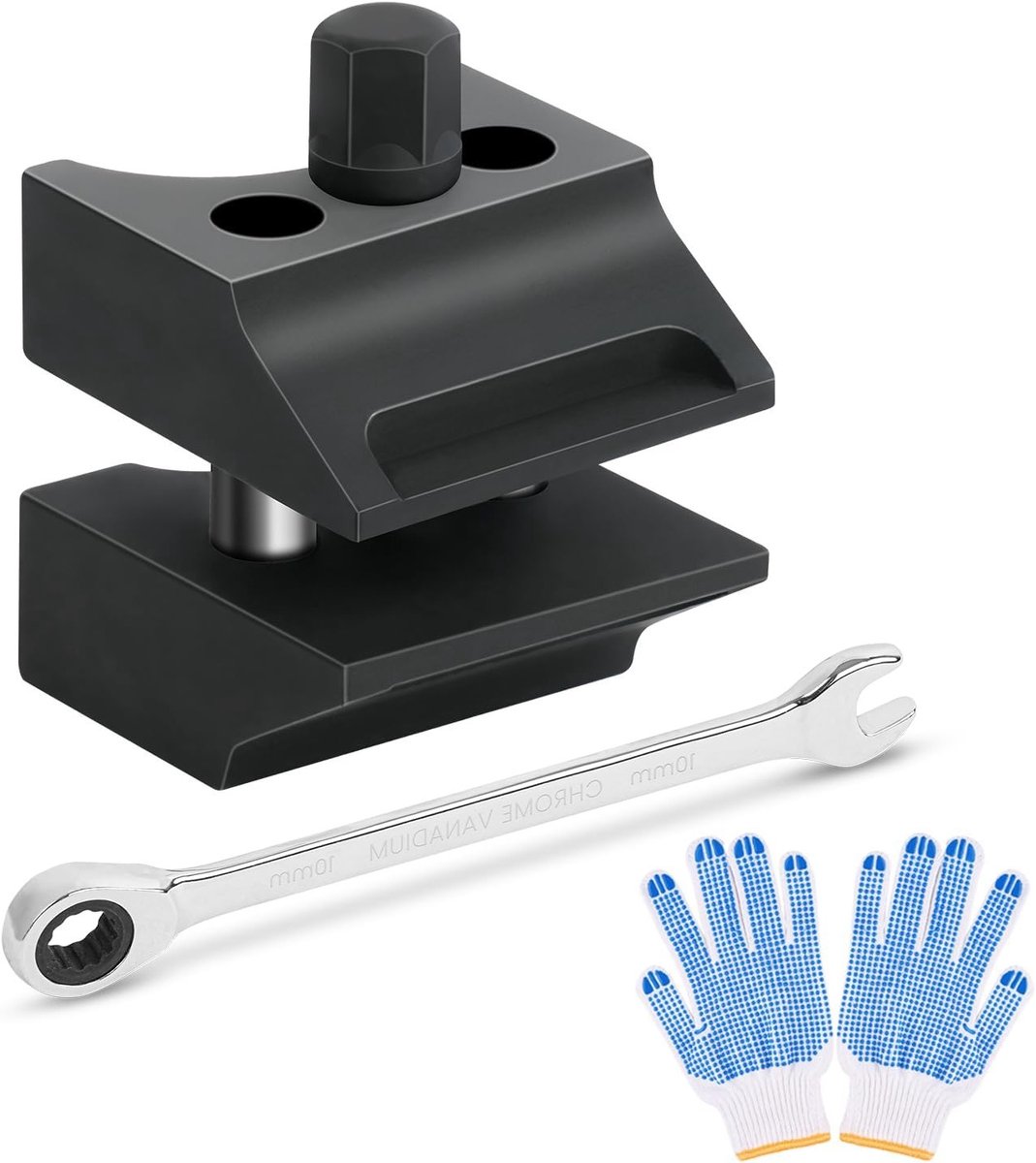 Shock absorber spreider voor voertuigonderhoud, dubbele kop ontwerp, inclusief handschoenen en sleutel, ideaal voor schokdempers en ophangsystemen