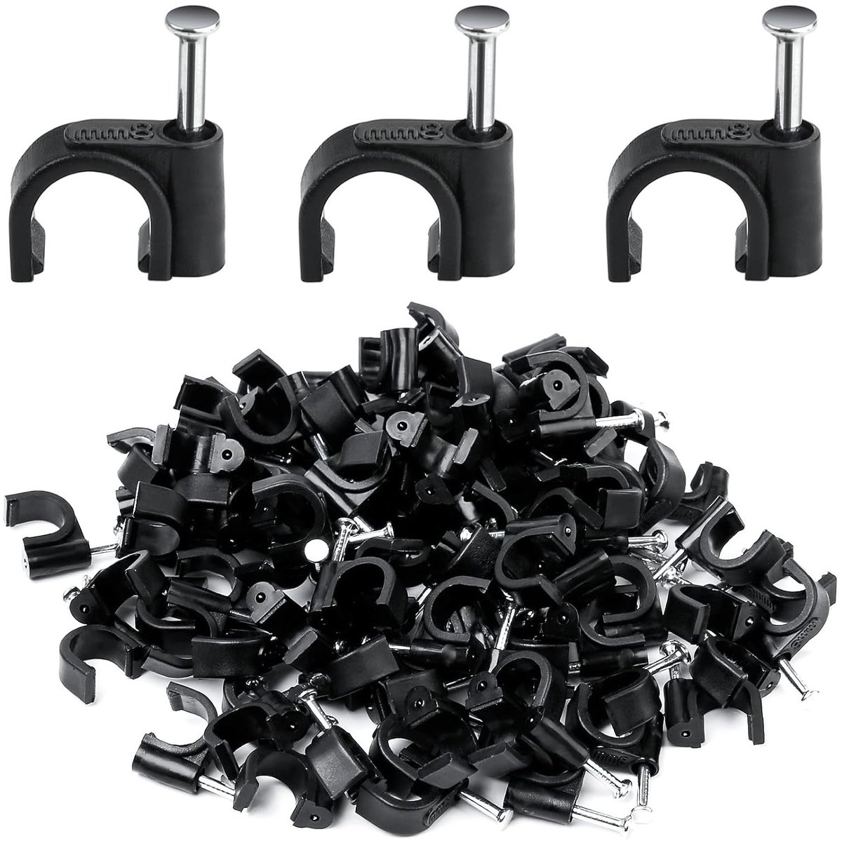 200 Stuks Kabelclips 8mm - Ronde Zwarte Kabelbevestigingen met Spijkers voor Ethernet en Telefoonkabels, Ideaal voor Netwerk- en Oplaadkabels