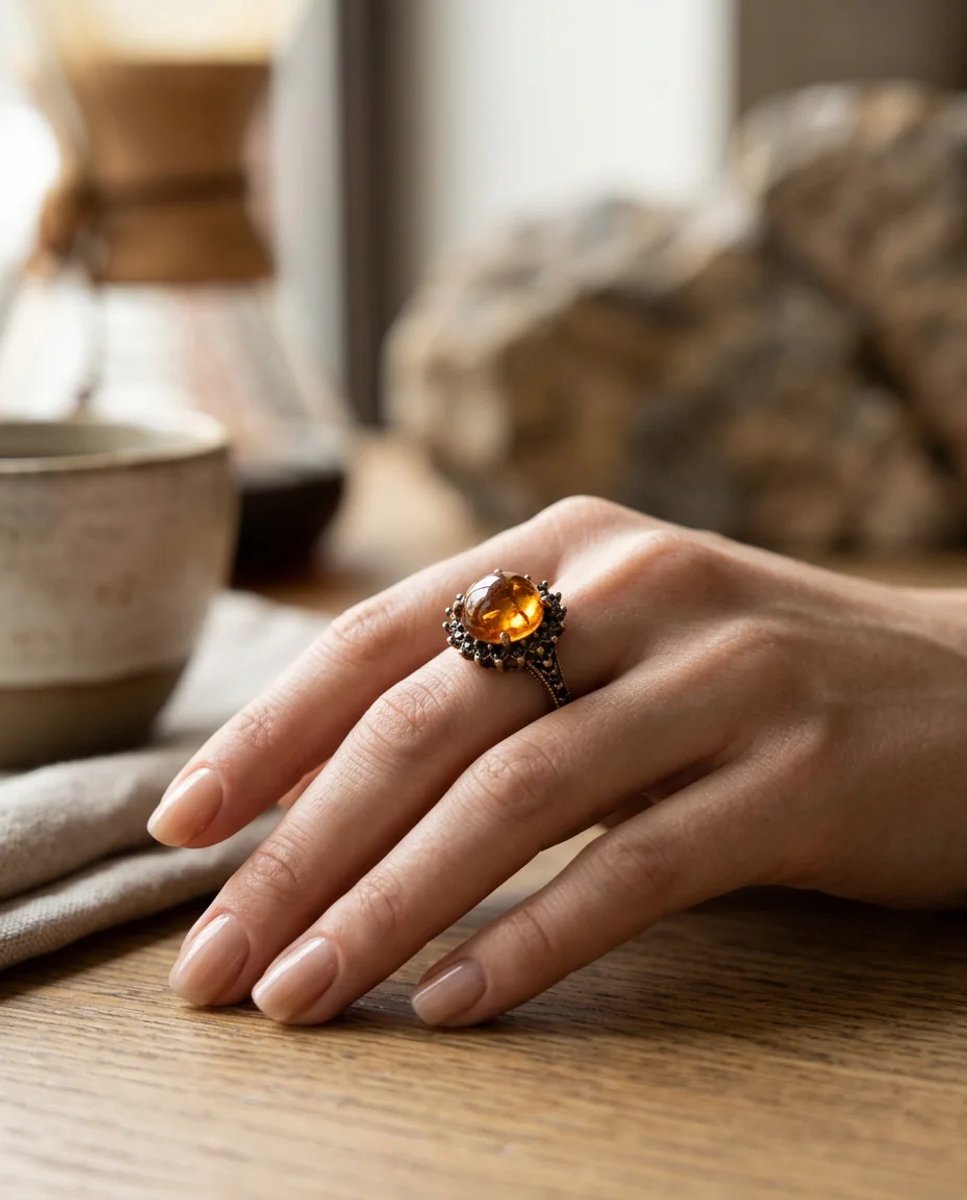 Dorvina Bronzen Sieraad Authentiek Sieraad Kehribar Look Rond Kesim Kroon Model Verstelbaar Vintage Dames Ring