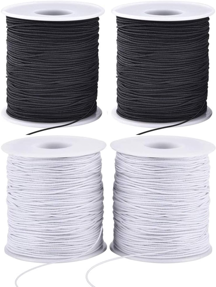 OLOEY Rekbaar koord voor armbanden-4 rollen van 1 mm stevig elastisch koord voor het maken van sieraden-kettingen en kralen (2 zwart + 2 wit)