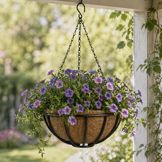 Hangende bloempot met kettingen, gevuld met paarse bloemen en groene planten.