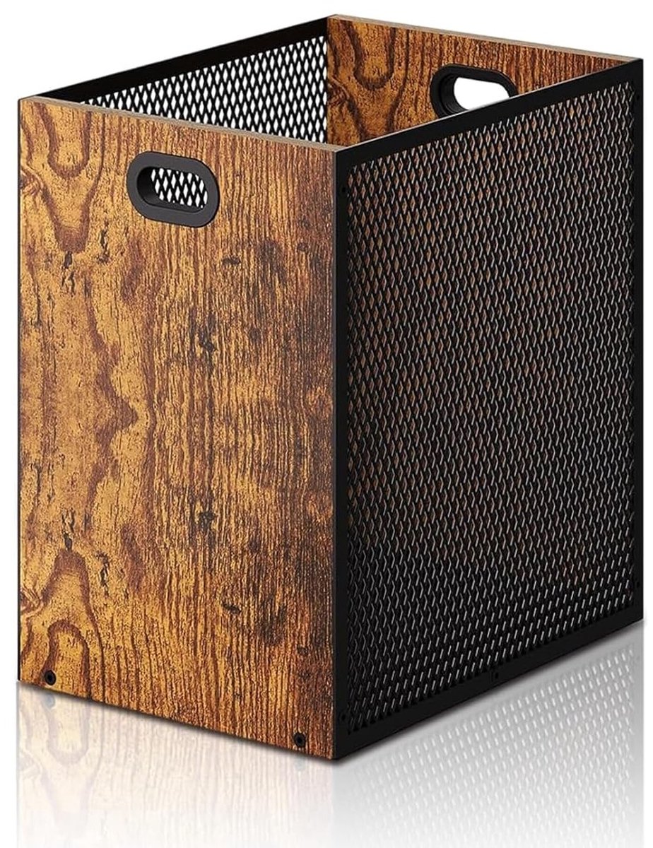 Decoratieve Rechthoekige Prullenbak van IJzer en Hout 28 x 20 x 30 cm voor Kantoor en Slaapkamer, Industrieel Design met Handvat en Papierafval Functie