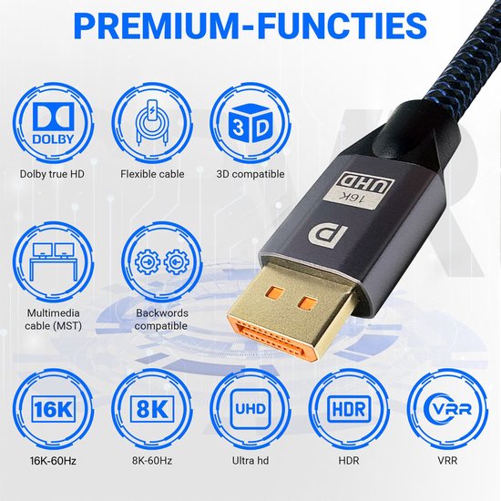 DisplayPort 2.1 kabel met grijs omhulsel en gouden connectoren. Iconen met 'Dolby', '3D', '16K', '8K', 'UHD', 'HDR', 'VRR'.