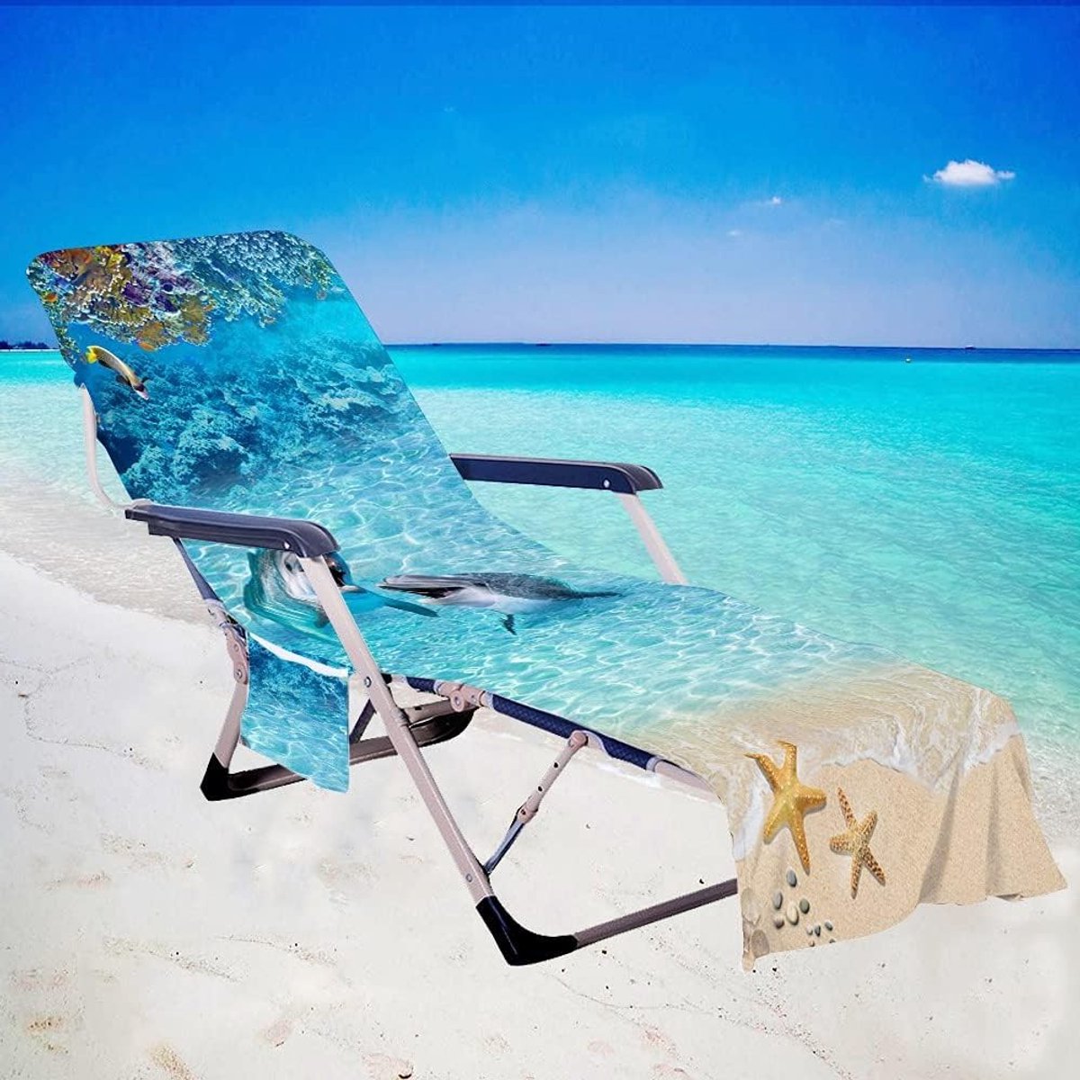 Hoes voor tuinligstoel van zachte badstof, ligkussen en strandlaken met 2 zakken, 75 x 210 cm, ideaal voor zwembad en strand