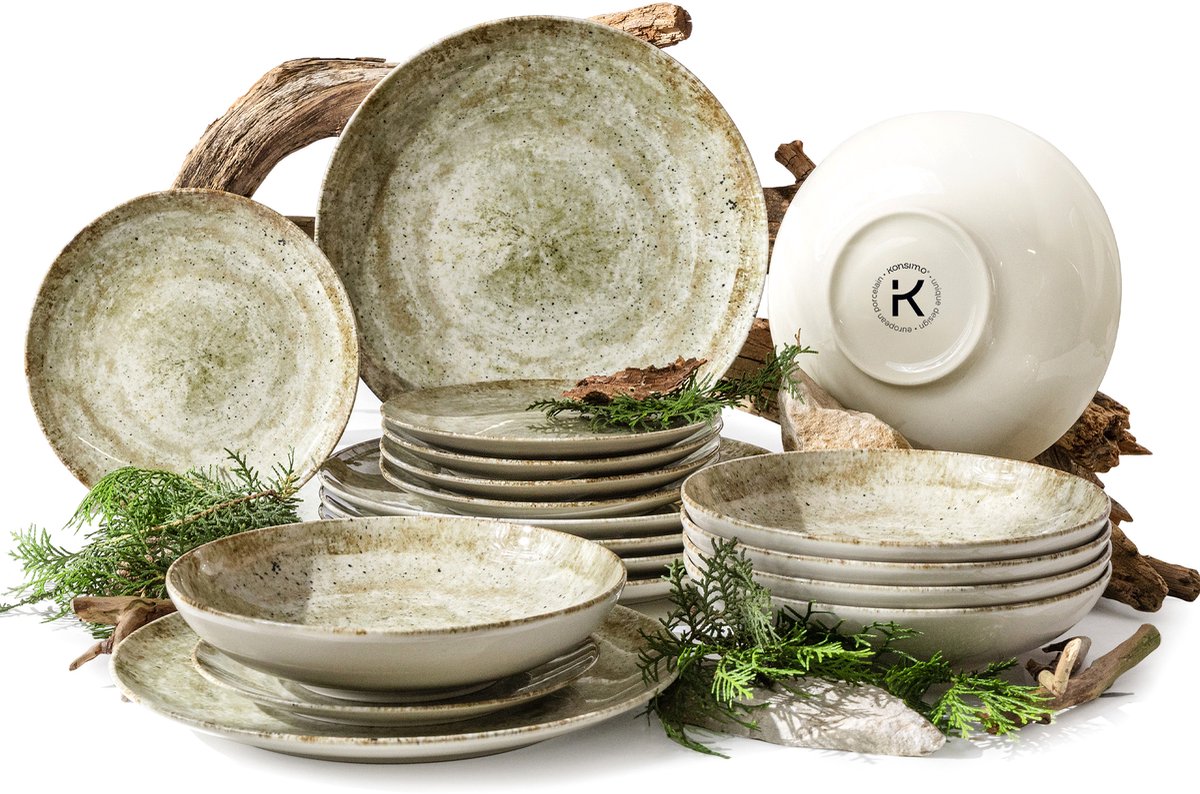 KONSIMO® ERATO - 18 delig - 6 persoons - Porselein - Dessertbord, Diepbord, Dinerbord - Beige