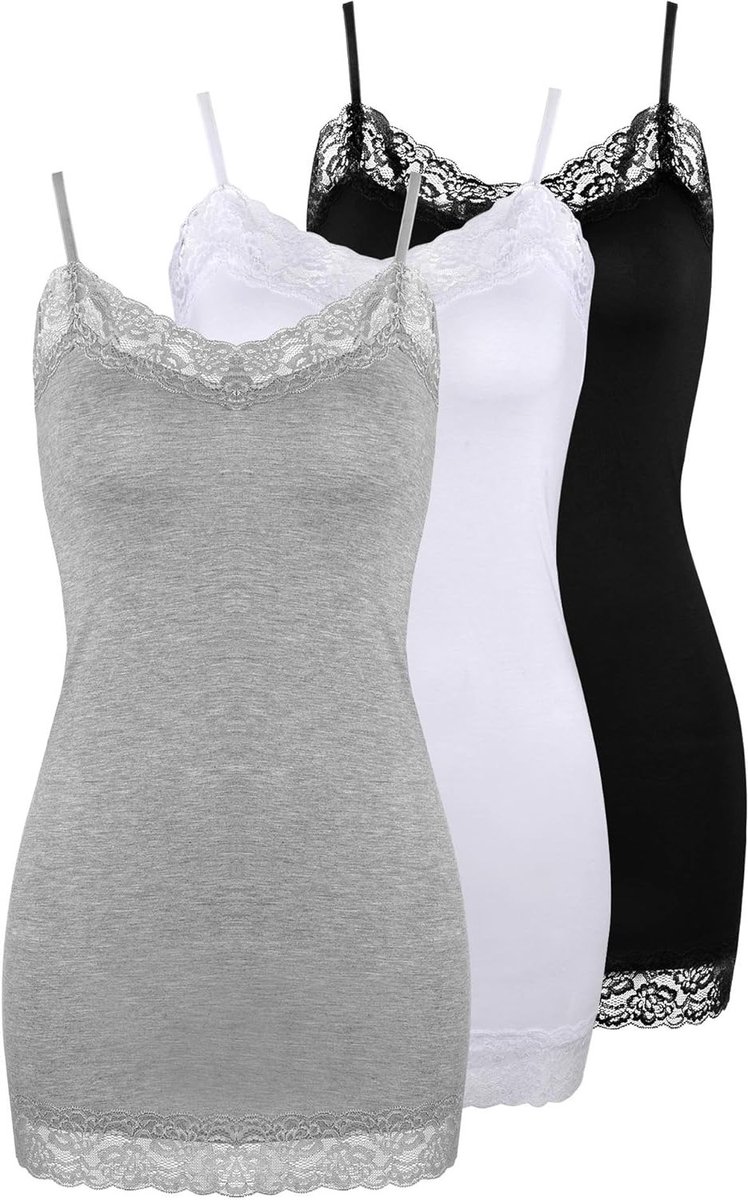 Lange Hemdjes voor Vrouwen - 3 Stuks Verstelbare Spaghetti Band Cami Tops met Kant Trim voor Comfortabel Draagplezier