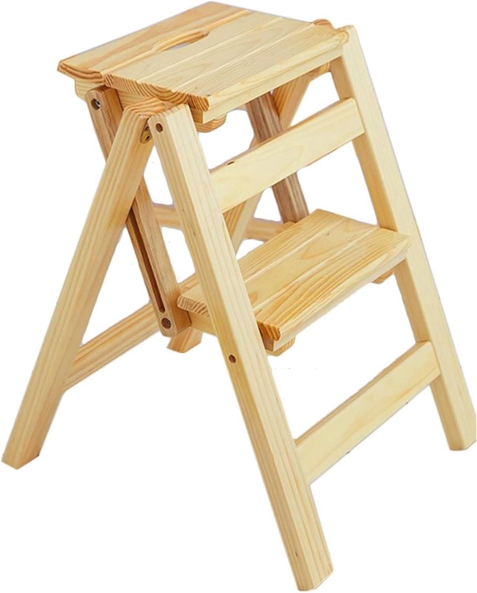 Opvouwbaar opstapje - Houten kruk ladder - Veelzijdig gebruik - Antislip design - 2 treden - Houtkleur