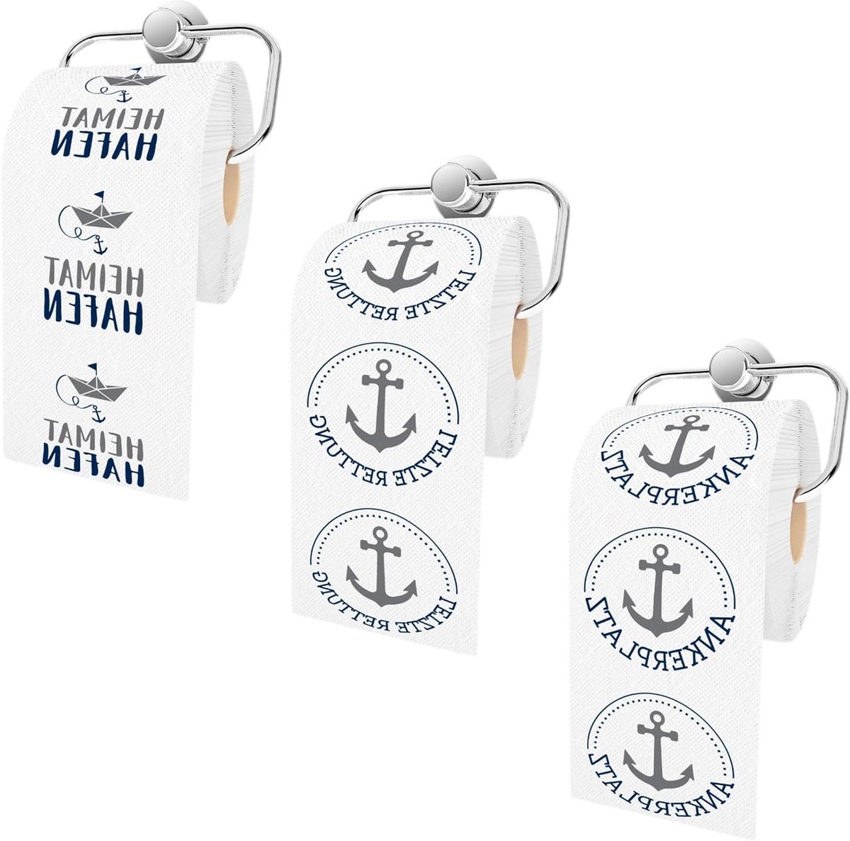 Toiletpapier set - Badkamer decoratie - Badkamer opfleuren - Maritieme motieven - 3 rollen - Blauw grijs